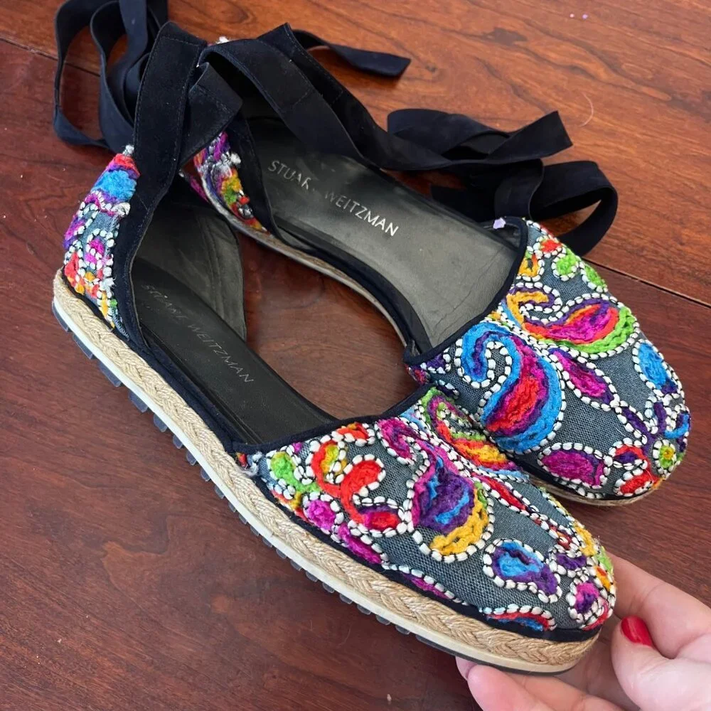 Stuart Weitzman Embroidered Denim Espadrille Flats With Black Ribbon Tie- Sz. 9.